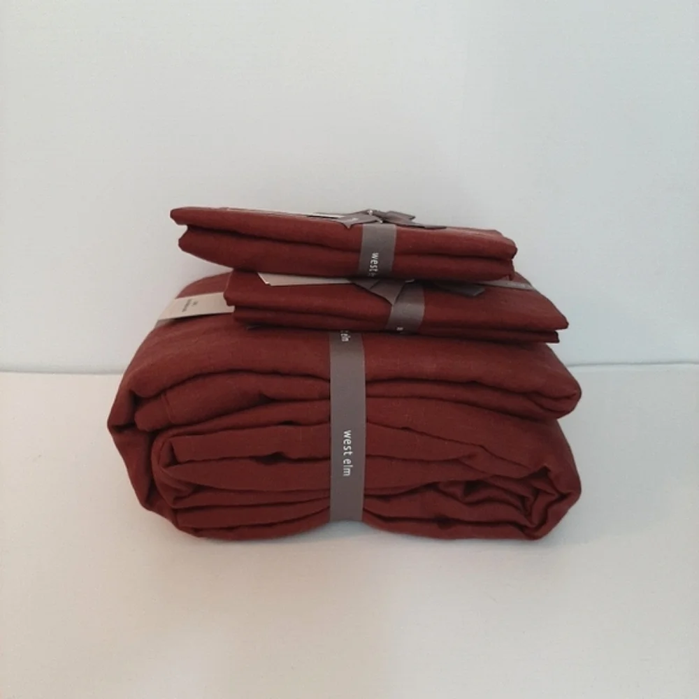 West Elm European Flax Linen King Duvet Cover & 2 King Shams Currant Red